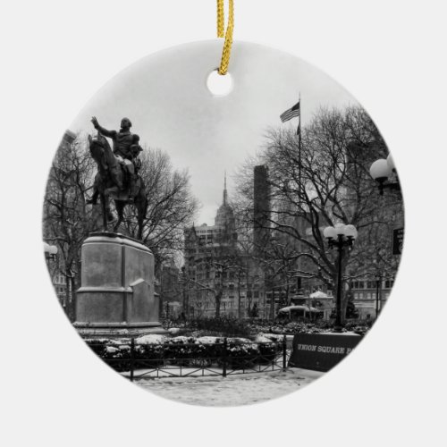 Winter in NYCs Union Square 001 Black White Ceramic Ornament