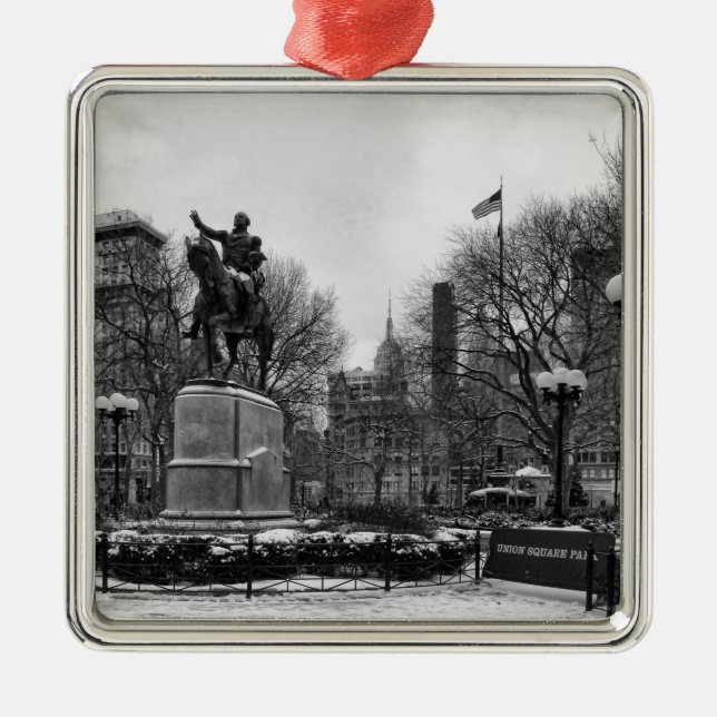 Winter in NYC's Union Square 001 Black White Metal Ornament (Front)