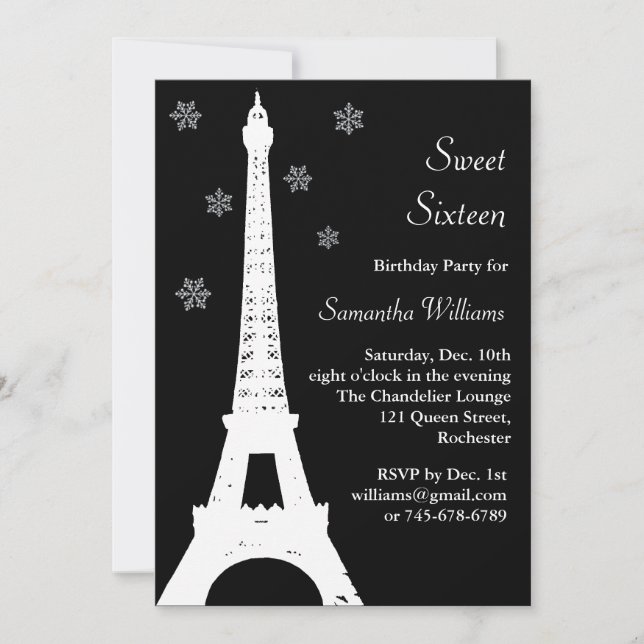 Winter in Paris Birthday Invite black (Front)
