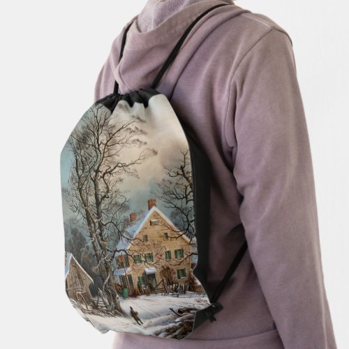Winter in the Country A cold  Morning Drawstring Bag