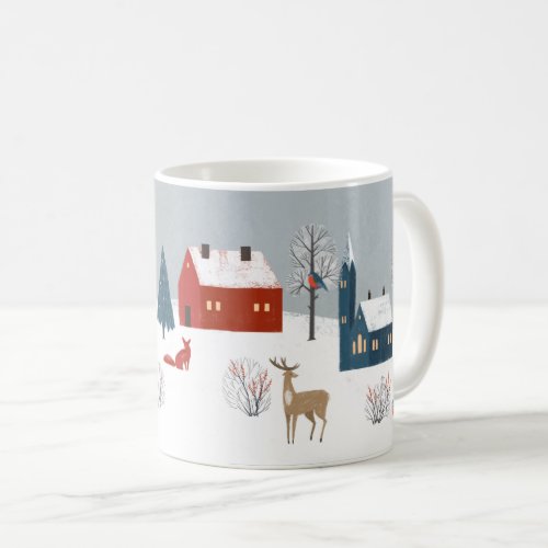 Winter in the Country with Deer Fox and Birds Mug