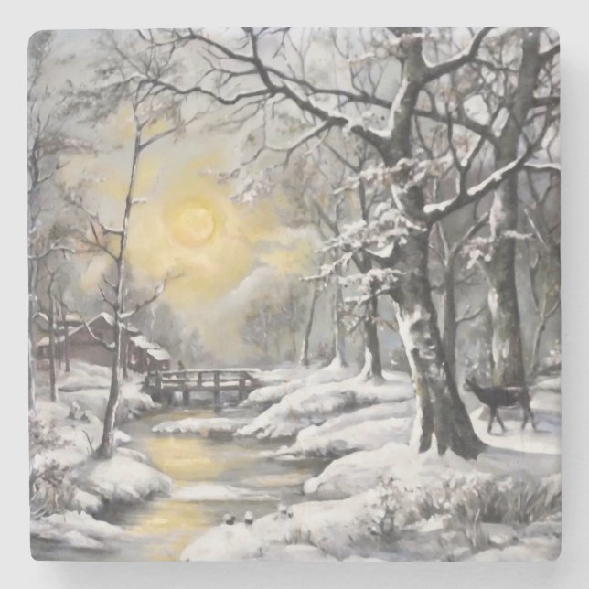 Winter in the forest stone coaster (Front)