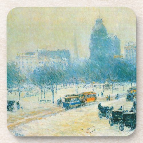 Winter in Union Square by Frederick Childe Hassam Beverage Coaster