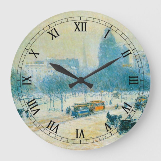 Winter in Union Square by Frederick Childe Hassam Large Clock (Front)