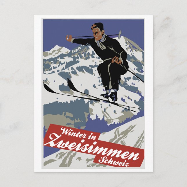 Winter in Zweisimmen vintage ski travel ad Postcard (Front)