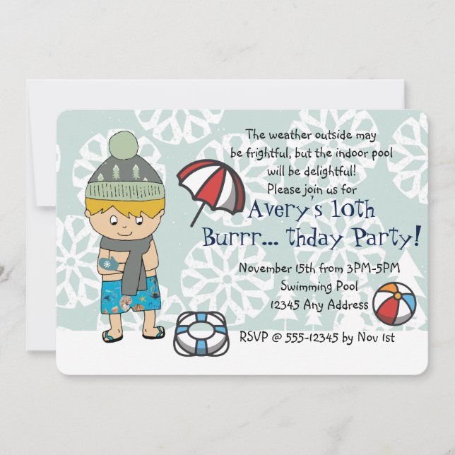 Winter Indoor Pool Birthday Party Invitation (Front)