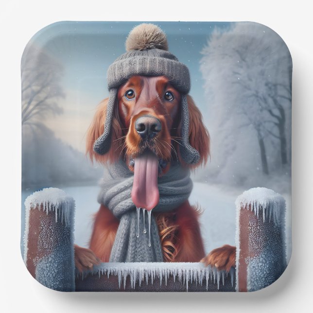 Winter Irish Setter Dog Paper Plates (Front)