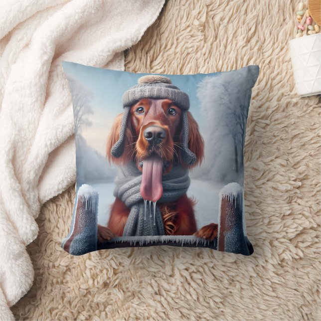 Winter Irish Setter Dog Throw Pillow (Blanket)