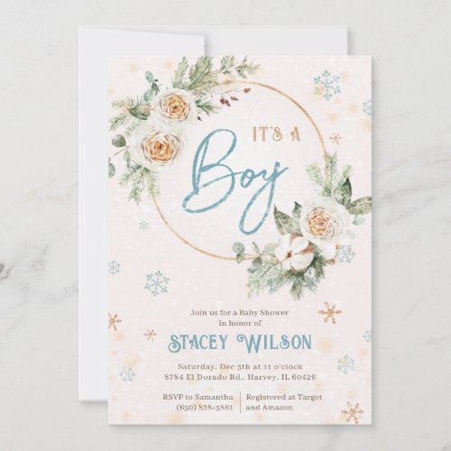 Winter Its a Boy Baby Shower Sprinkle Blue Gold Invitation