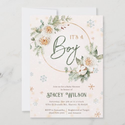 Winter Its a Boy Baby Shower Sprinkle Green Gold Invitation
