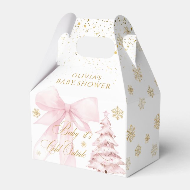 Winter It's Cold Outside Pink Bow Baby Shower Favor Boxes (Front Side)