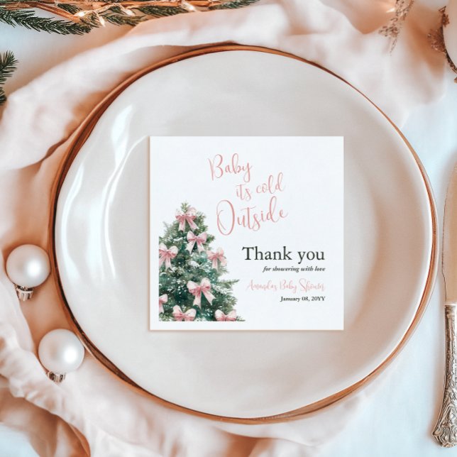 Winter It's Cold Outside Pink Bow Girl Baby Shower Napkins (Creator Uploaded)