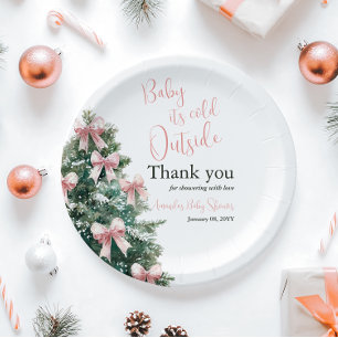 Winter It's Cold Outside Pink Bow Girl Baby Shower Paper Plates