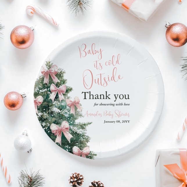 Winter It's Cold Outside Pink Bow Girl Baby Shower Paper Plates (Creator Uploaded)