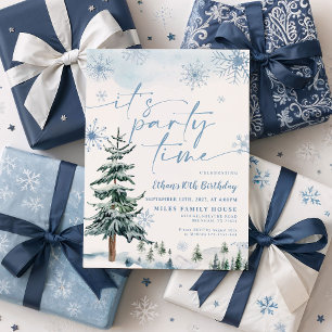 Winter It's Party Time, Blue Winter Birthday Invitation