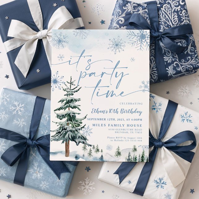 Winter It's Party Time, Blue Winter Birthday Invitation (Creator Uploaded)