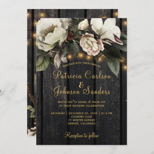 Winter ivory white floral rustic bouquet wedding invitation