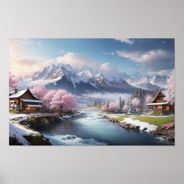 Winter Japanese Sakura Tree with Mountain View Poster (Front)