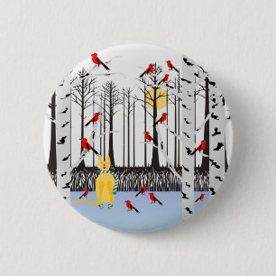 Winter Joy - Cat with scarf Birch Trees Cardinals Button
