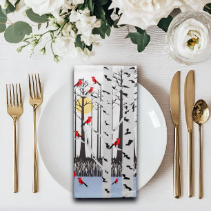 Winter Joy - Cat with scarf Birch Trees Cardinals Cloth Napkin