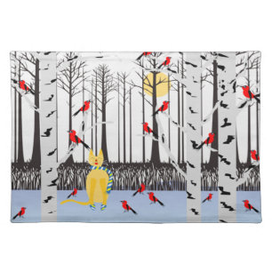 Winter Joy - Cat with scarf Birch Trees Cardinals Cloth Placemat