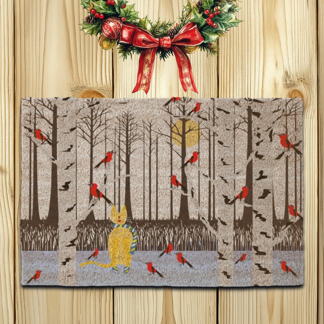 Winter Joy - Cat with scarf Birch Trees Cardinals Fiber Doormat (Creator Uploaded)