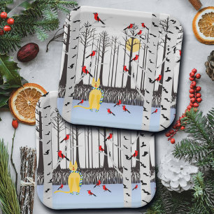 Winter Joy - Cat with scarf Birch Trees Cardinals Paper Plates