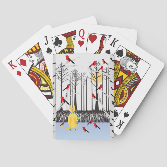 Winter Joy - Cat with scarf Birch Trees Cardinals Poker Cards (Back)