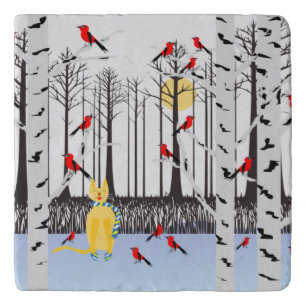 Winter Joy - Cat with scarf Birch Trees Cardinals Trivet