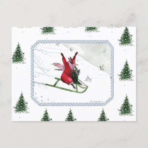 Winter Joy Fox Rabbit Tobogganing Holiday Postcard