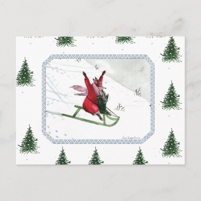 Winter Joy Fox Rabbit Tobogganing Holiday Postcard (Front)