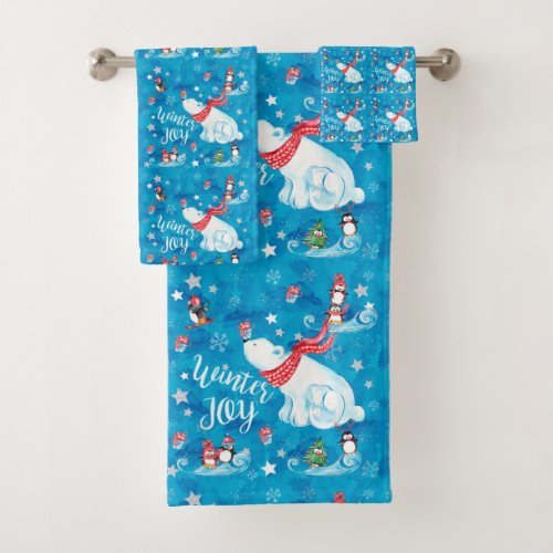 Winter Joy Polar Bear and Penguins in the Snow Bath Towel Set