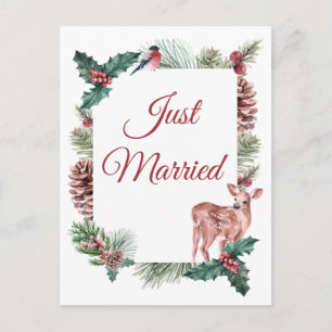 Winter Just Married Wedding Christmas Floral Deer Announcement Postcard