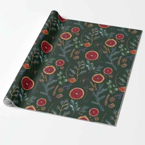 Winter Kitchen Hunter Green Pine  Dried Orange  Wrapping Paper