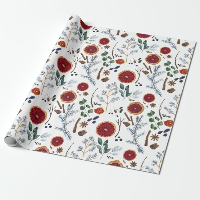 Winter Kitchen Rustic Pine & Orange Christmas Wrapping Paper (Unrolled)