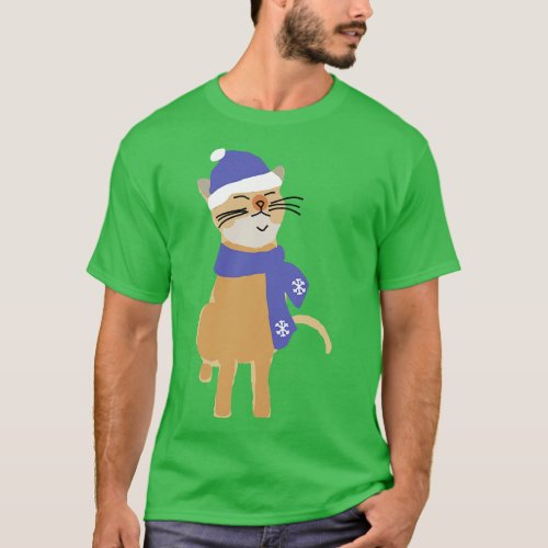 Winter Kitty Cat Wearing Blue Hat and Scarf T_Shirt