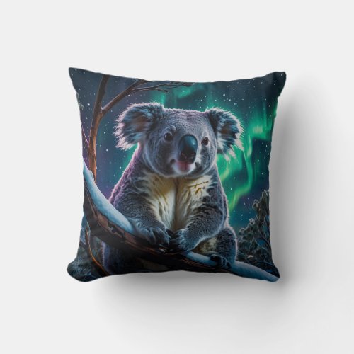 Winter Koala and Southern Lights Throw Pillow