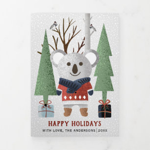 Winter koala and trees Christmas multi photo Tri-Fold Holiday Card