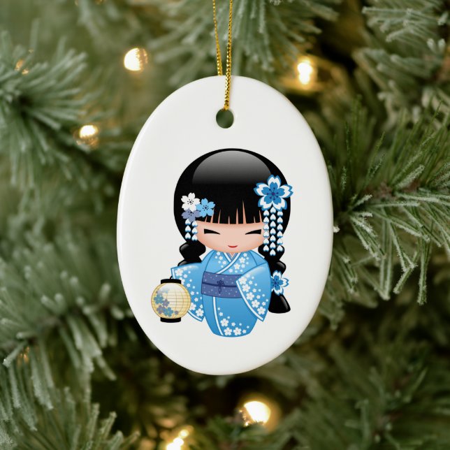 Winter Kokeshi Doll - Blue Kimono Geisha Girl Ceramic Ornament (Tree)