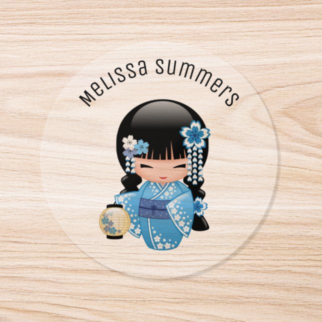 Winter Kokeshi Doll Blue Kimono Geisha Girl Classic Round Sticker (Single)
