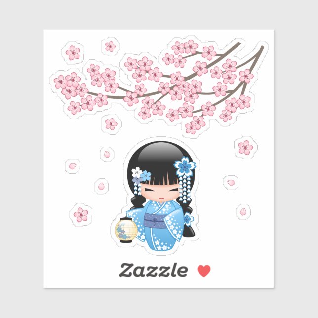 Winter Kokeshi Doll - Blue Kimono Geisha Girl Sticker (Sheet)