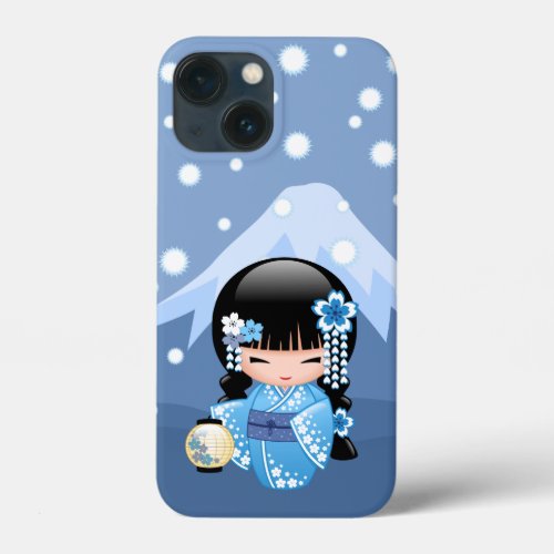 Winter Kokeshi Doll _ Blue Mountain Geisha Girl iPhone 13 Mini Case