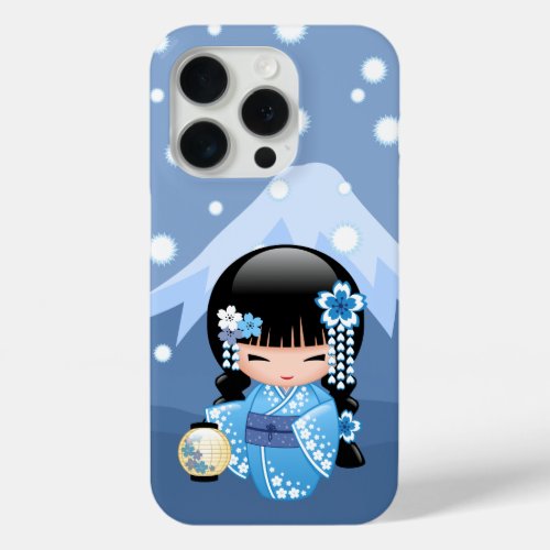 Winter Kokeshi Doll _ Blue Mountain Geisha Girl iPhone 15 Pro Case