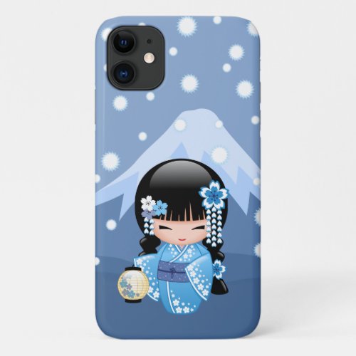 Winter Kokeshi Doll _ Blue Mountain Geisha Girl iPhone 11 Case