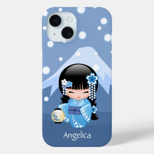 Winter Kokeshi Doll _ Blue Mountain Geisha Girl iPhone 15 Case