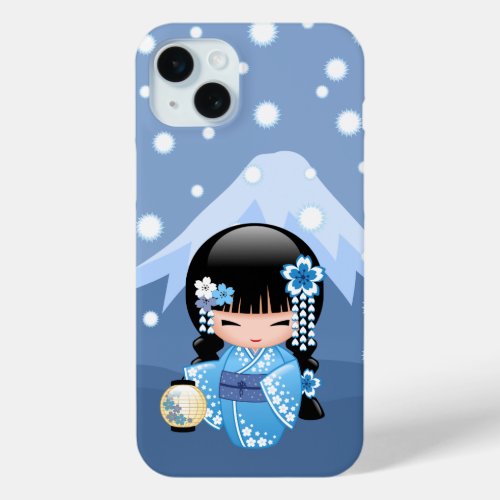 Winter Kokeshi Doll _ Blue Mountain Geisha Girl iPhone 15 Plus Case