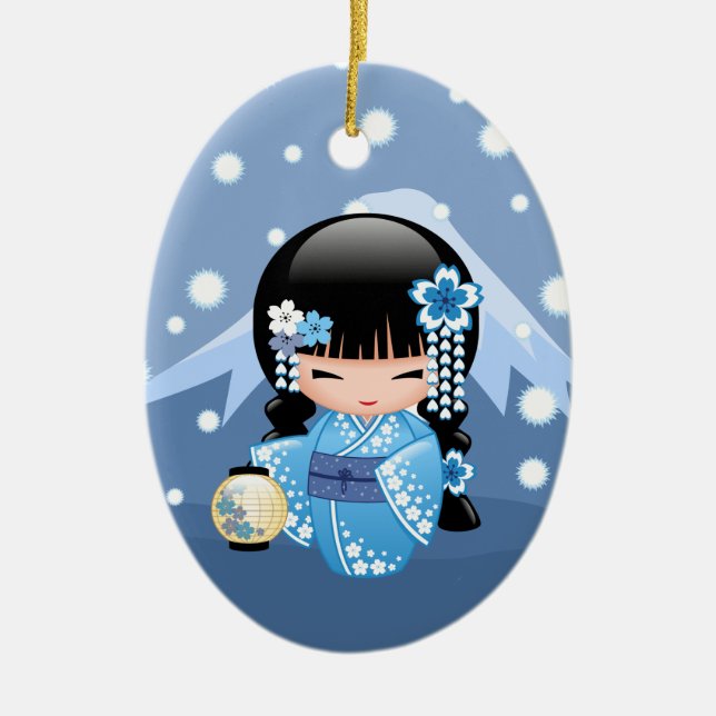Winter Kokeshi Doll - Blue Mountain Geisha Girl Ceramic Ornament (Front)