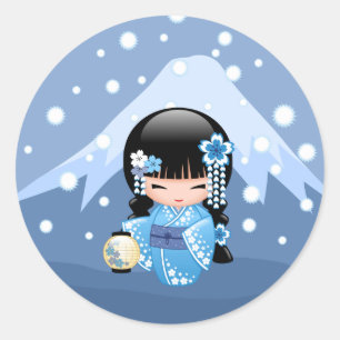 Winter Kokeshi Doll Blue Mountain Geisha Girl Classic Round Sticker