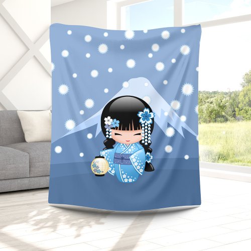 Winter Kokeshi Doll _ Blue Mountain Geisha Girl Fleece Blanket