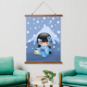 Winter Kokeshi Doll - Blue Mountain Geisha Girl Hanging Tapestry